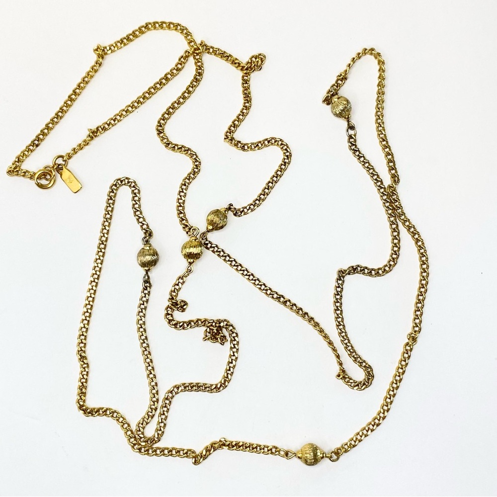 Vintage Monet Gold Tone Chain Necklace Curb Station Textured Bead Long